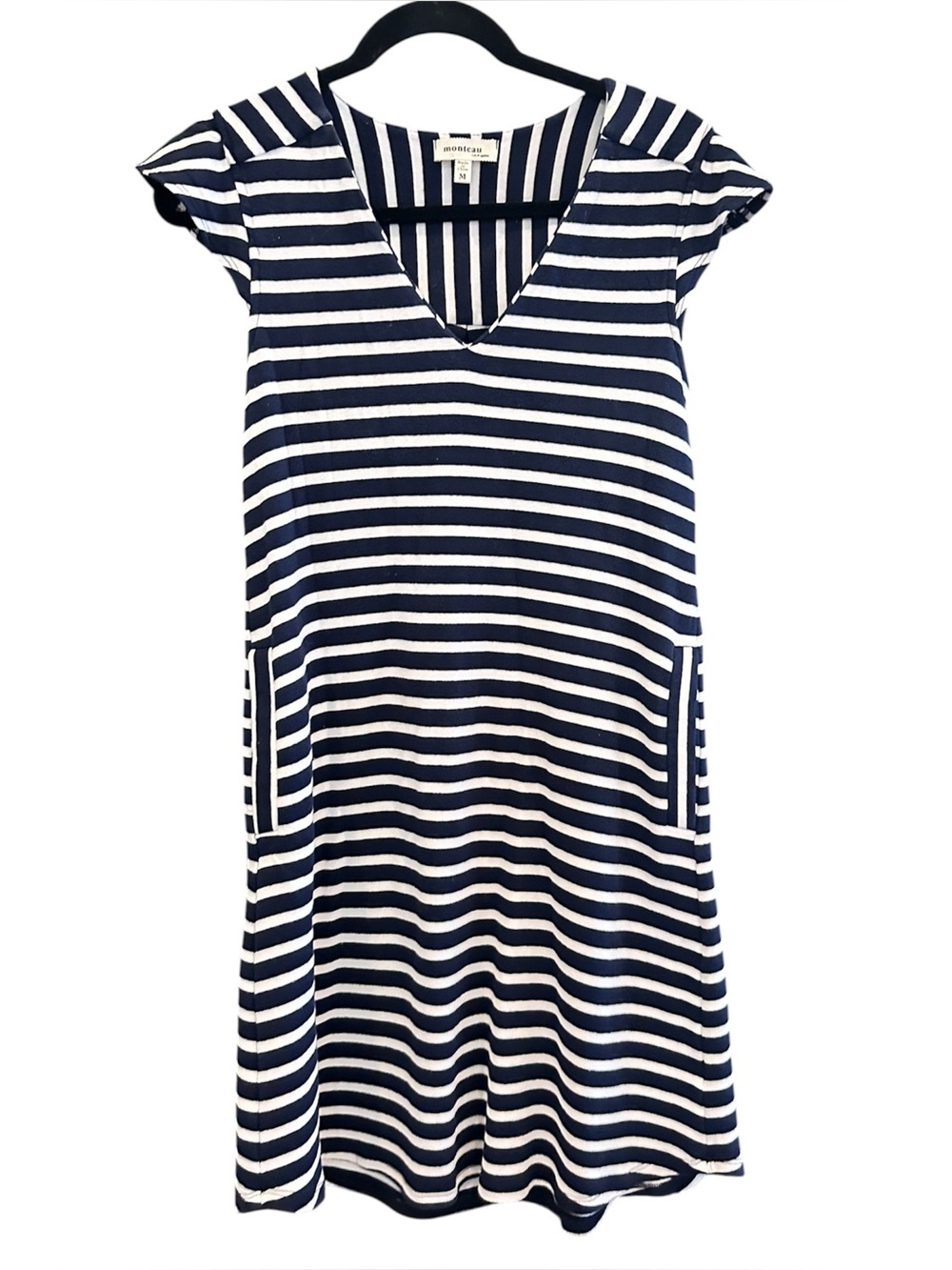 Monteau Navy and White Striped V-Neck Mini Dress